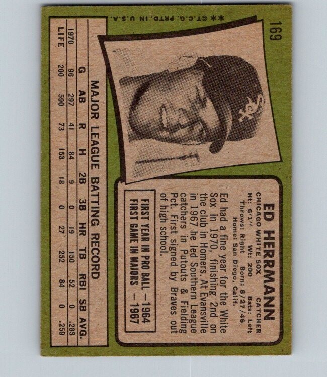 1971 TOPPS BASEBALL #169 ED HERRMANN                     MID GRADE QG