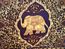 VINTAGE  BATIK ANIMAL ART ELEPHANTS BLUE YELLOW PAREO BEACH LONG FRINGE SCARF