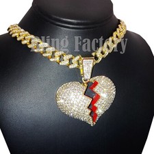 Hip Hop Broken Heart pendant 18" Iced Box Lock Cuban Choker Chain Necklace