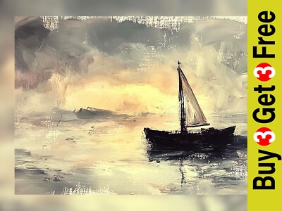 Segeln in der Abenddämmerung 5''x7'' Druck auf mattem Papier | Gelassener Ozean Sonnenuntergang Malerei