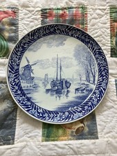 Vintage Boch Delft Wall Plate with Dutch Scene Boat & Windmill Blue White 10 In