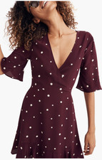 Madewell Women’s Silk Star Print Mini Dress size 6 Flutter Sleeve & Hem Holidays