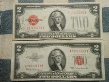 Lot of 2 1928-G & 1953-C $2 Dollar Red Seal U.S. Banknotes