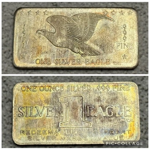 1971 One Silver Eagle W H Foster Co. 1oz .999 Fine Silver Vintage Art Bar TONED