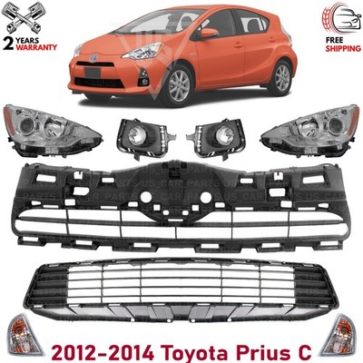 Front Grille Assembly & Head Lights Set of 2 Kit For 2012-2014 Toyota Prius C