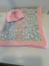Crochet Baby Blanket And Hat With Interchangeable Flowers Hand Made
