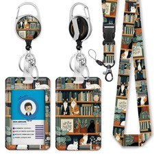 Book Cat Teacher Lanyards for ID Badges, Badge Holder Retractable Reel Clip Cu