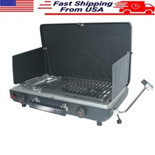Portable 2 Burner Camp Stove Grill W/ Push-Button Ignition Wind Guards New