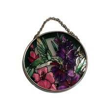Vintage Hummingbird flower scene stained glass suncatcher hanger for window