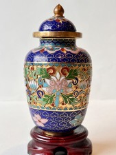Vintage Chinese Cloisonne Small Lidded Temple Jar Blue & Gold Around 4" H