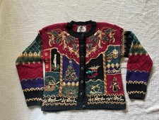 Vintage 1990s Christmas Sweater Embroidered Red/Gold Size PS Retro Knit