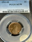 1913-D LINCOLN CENT - PCGS AU-50 NICE HIGH GRADE MEDIUM BROWN WITH SOME RED