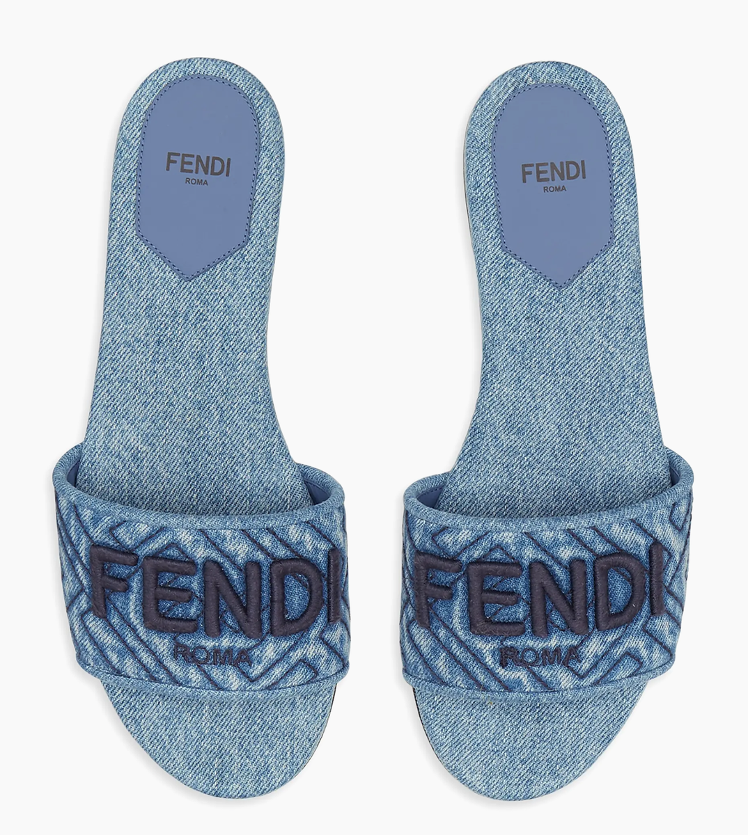 Fendi Blue Denim Signature FF Monogram Logo Mule Slide Flat Flip