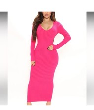 Fashion Nova Pink Knit V-Neck Long Sleeve Bodycon Dress Sz 3X Casual Minimalist