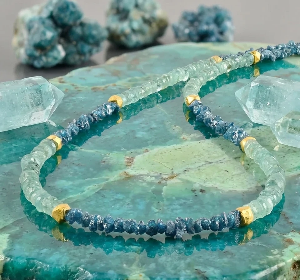 Handgefertigte Natur Blue Diamond & Emerald Nugget Beaded 925 Silberkette - Bild 2 von 4