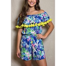 Lilly Pulitzer La Fortuna Romper Borealis Blue Social Sunset Tassel Trim Sz XXS