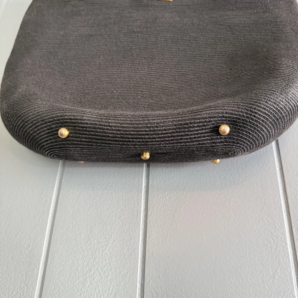 Eric Javits Woven Tote Bag Shoulder Bag Gold Hardware Neutral Vintage Gingham - Image 4 of 4