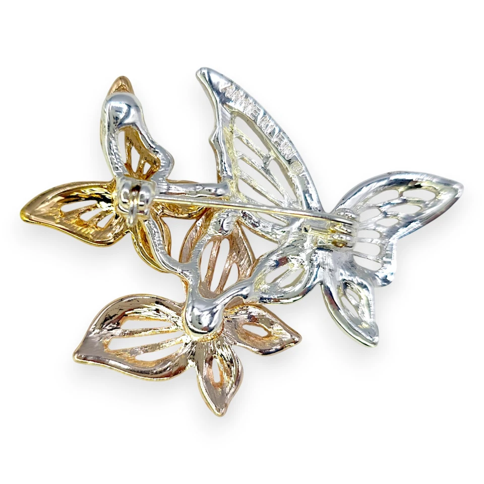 Vintage Anne Klein Tricolor Gold Butterfly Pavé Pin Designer Statement Jewelry - Image 3 of 4