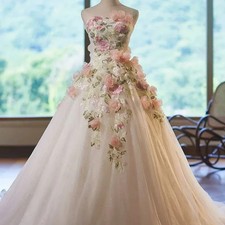 Elegant Pink 3D Flower Wedding Dresses Off Shoulder Lace Appliques Bridal Gowns