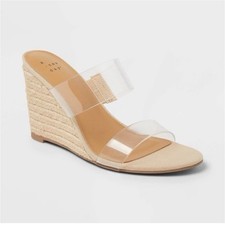 A New Day Women's Beige Clear Strap Wedge Open Toe Slip On Heels 8