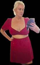 Red Textured A-Line Mini Dress Tie Waist Round Neck Short Sleeve Size M