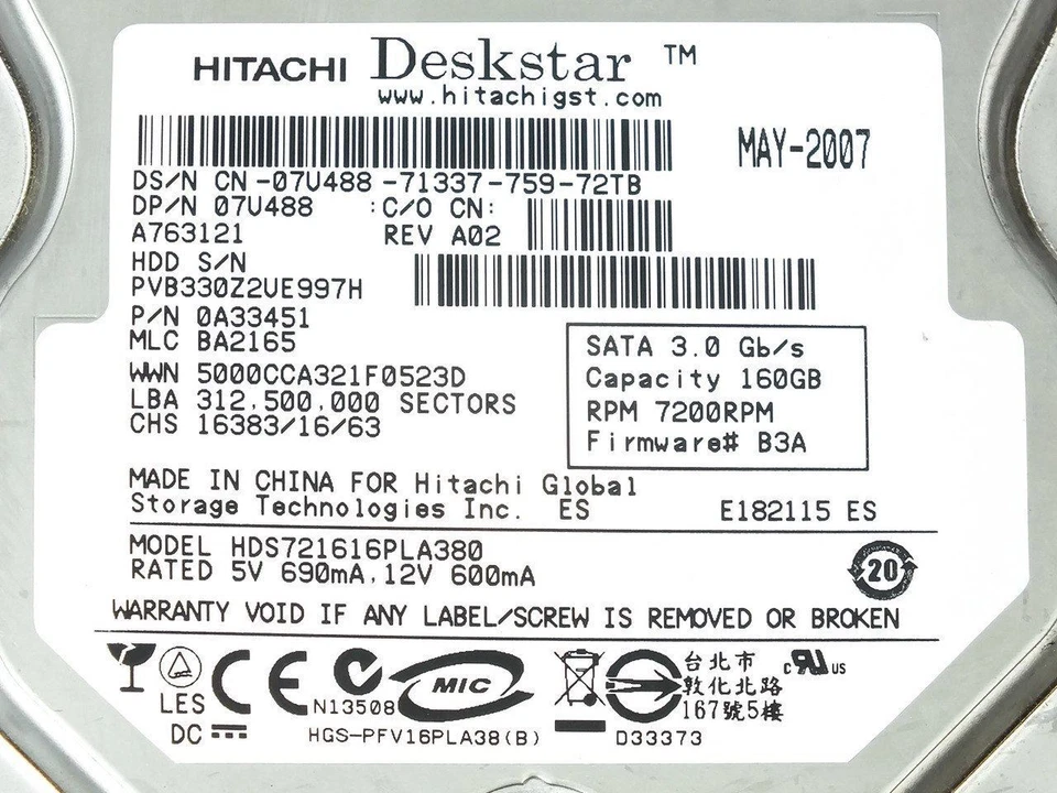 Hitachi 0A33451 160GB 3.5" Deskstar 7200 RPM SATA Internal Hard Drive - Image 3 of 4