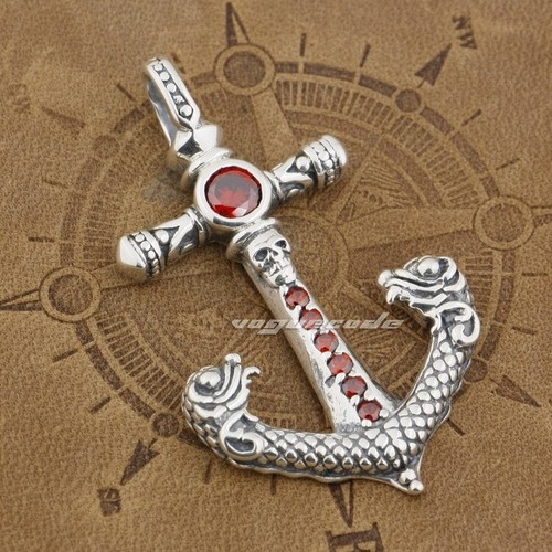 Red CZ Stone 925 Sterling Silver Skull Anchor Fashion Pendant 9J002C BZ - Picture 2 of 7