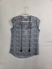 DR2 Women Top Small Black Printed 100% Polyester Cap Sleeve Tie Neck Blouse