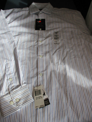 NWT $60 PERRY ELLIS SPREAD COLLAR L/S DRESS SHIRT-BLUE/BROWN/WHITE  14.5 32/33