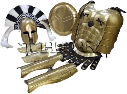 Medieval Armor Muscle Jacket Brass Greek Helmet + Guard & Shield Ancient Role - Picture 4 of 12