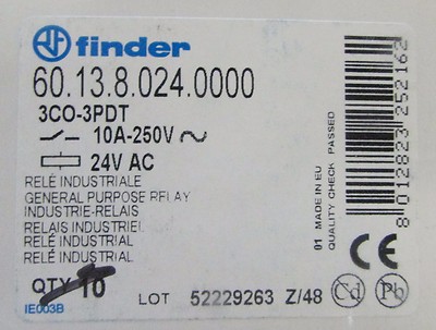 FINDER 60.13.8.024.0000 3 CO-3PDT 10 Amp 24 VAC Relay 60 13 8 024 0000