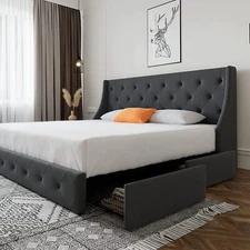 King Size Platform Bed Frame with 4 Storage Drawers&Wingback Headboard,Dark Grey