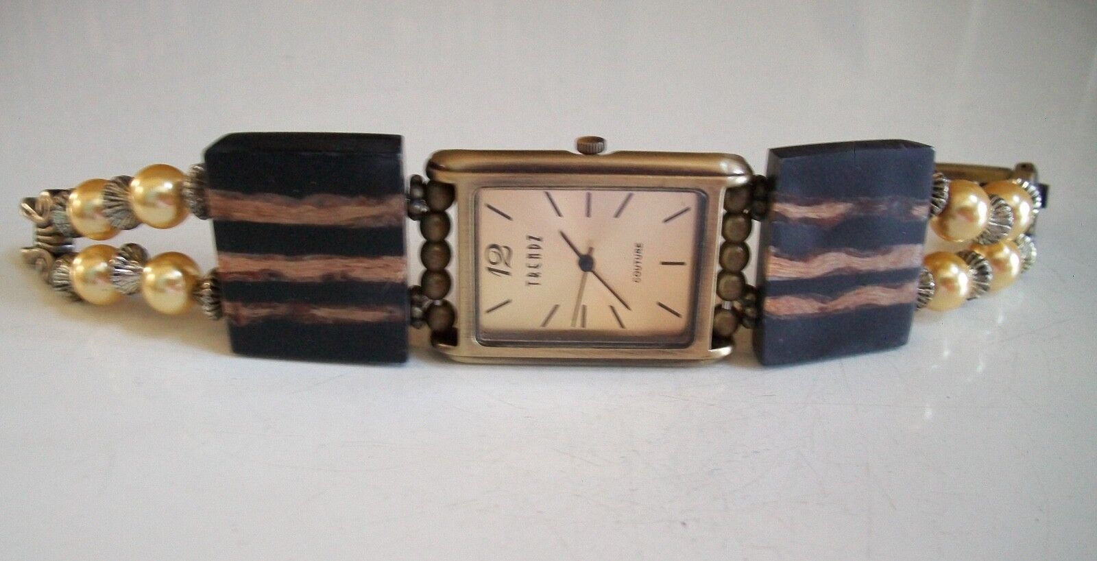 Wood look with pearls dressy/casual women fashion  watch