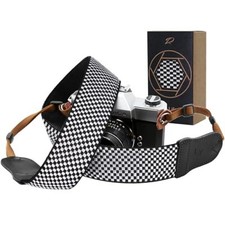 Camera Strap - 2 inch Wide / Adjustable 32 61 inch Black and White Fine Plaid