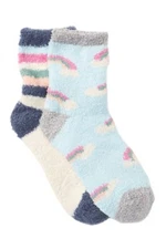Free Press Patterned Micro Crew Fuzzy Socks, 2 Pack, Blue Drift Rainbow,One Size