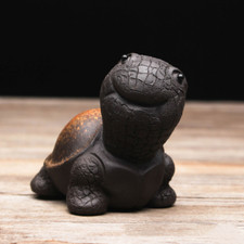 Chinese Yixing Zisha Pottery Black Clay Gold Back Tortoise Tea Pet Statue
