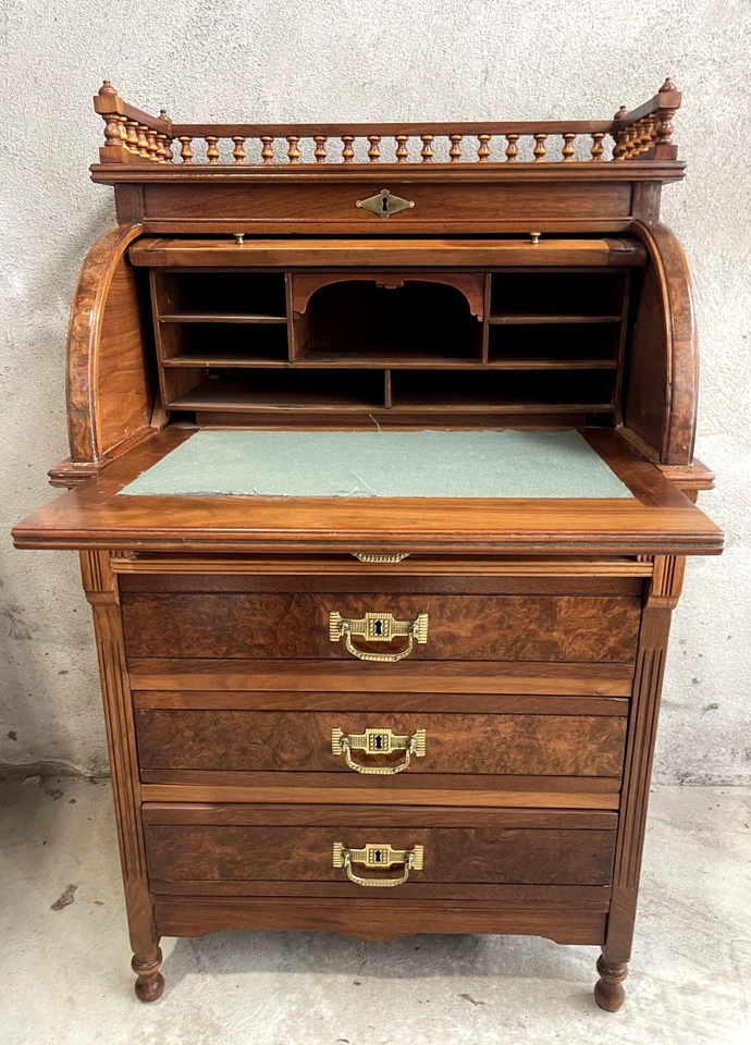 Антикварный викторианский секретарский стол 1880-х с рулонной крышкой из орехового дерева / цилиндром - Изображение 2 из 4