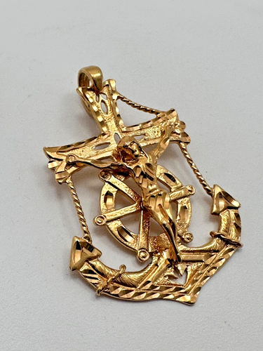 Gold Plated Mariner Crucifix Anchor Cross 2 3/4" x 2 3/8" Large Bail Pendant - Picture 2 of 10