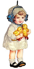 GIRL Holding 2 YELLOW DUCKS / CHICKS * Glitter EASTER ORNAMENT * Vtg Img