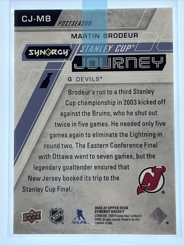 MARTIN BRODEUR 2020-21 UD SYNERGY STANLEY CUP JOURNEY #CJ-MB /899 NJ DEVILS - Picture 3 of 3