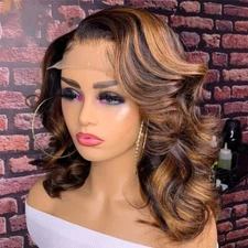 Highlight BodyWave Bob Wig HumanHairHoneyBlonde 13X6 Transparent LaceFrontal Wig