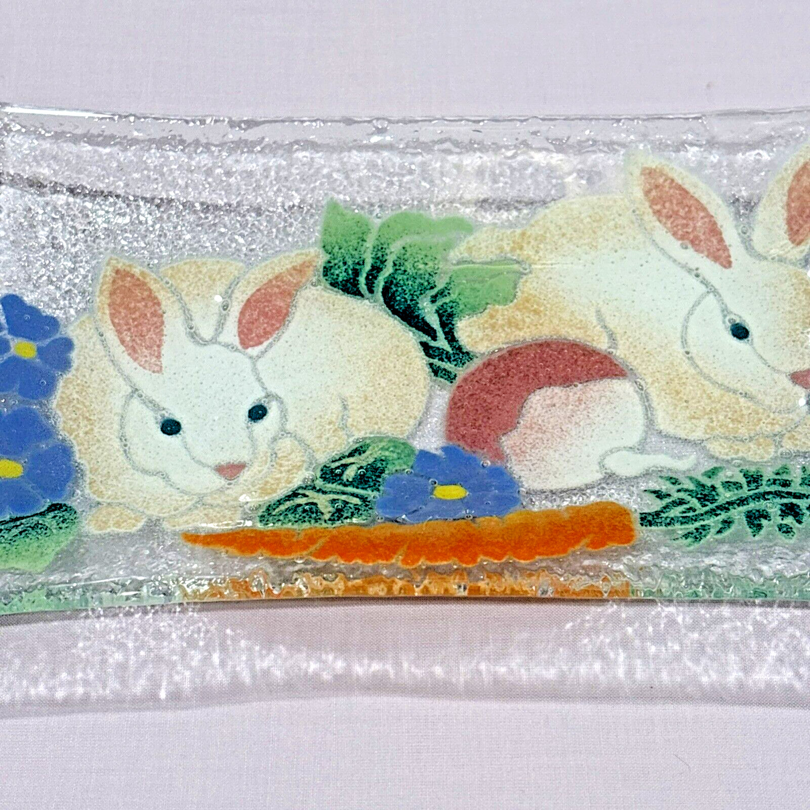 Signed & Dated Peggy Karr Fused Art Glass Tray Platter Bunny Rabbit 9.75 x 5.75