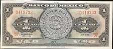 1961 Mexico 1 Peso About Uncirculated Banknote Aztec Calendar