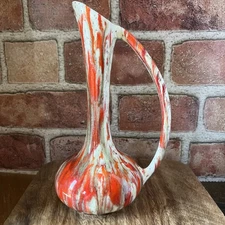 Vintage 1970 MCM  Ceramic Art Drip Vase Speckled Pitcher Genie Bottle Handle 7.5