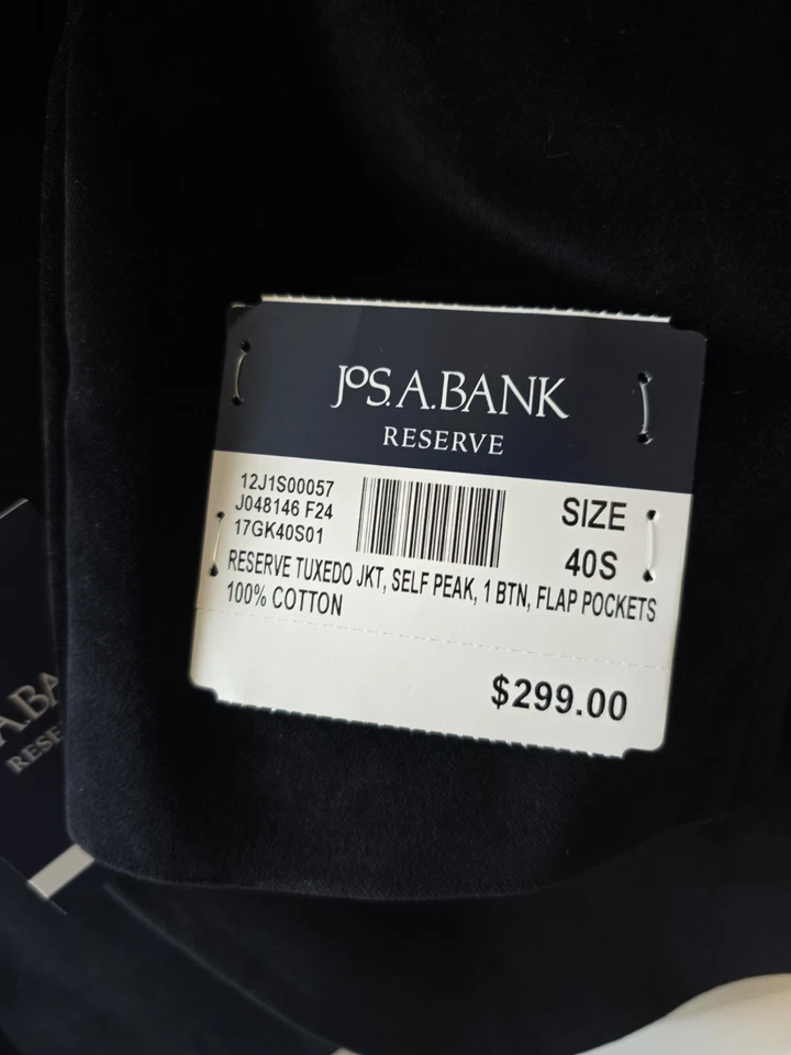 Jos A Bank Reserve 系列黑色天鹅绒燕尾服/晚餐夹克棉 40S 全新 — 第 4/4 张图片