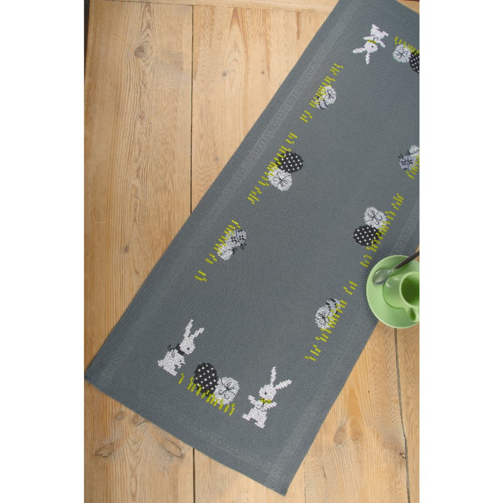 Vervaco stamped cross stitch kit tablechloth ""Easter Eggs and bunnies"", 40x100cm