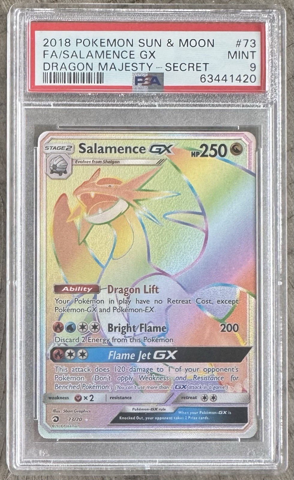2018 Pokémon Dragon Majesty Salamence GX 73/70 Rainbow Secret Rare Card PSA 9