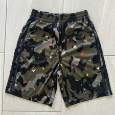 Adidas Boys Large 14/16 Camo Athletic Shorts Green Black Logo Print Youth L