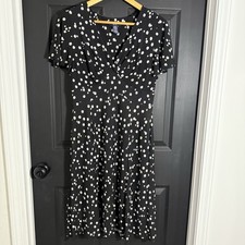 Chaps Womens Babydoll Dress Sz M Black Y2K Polka Dot Flutter Sleeve Fit & Flare