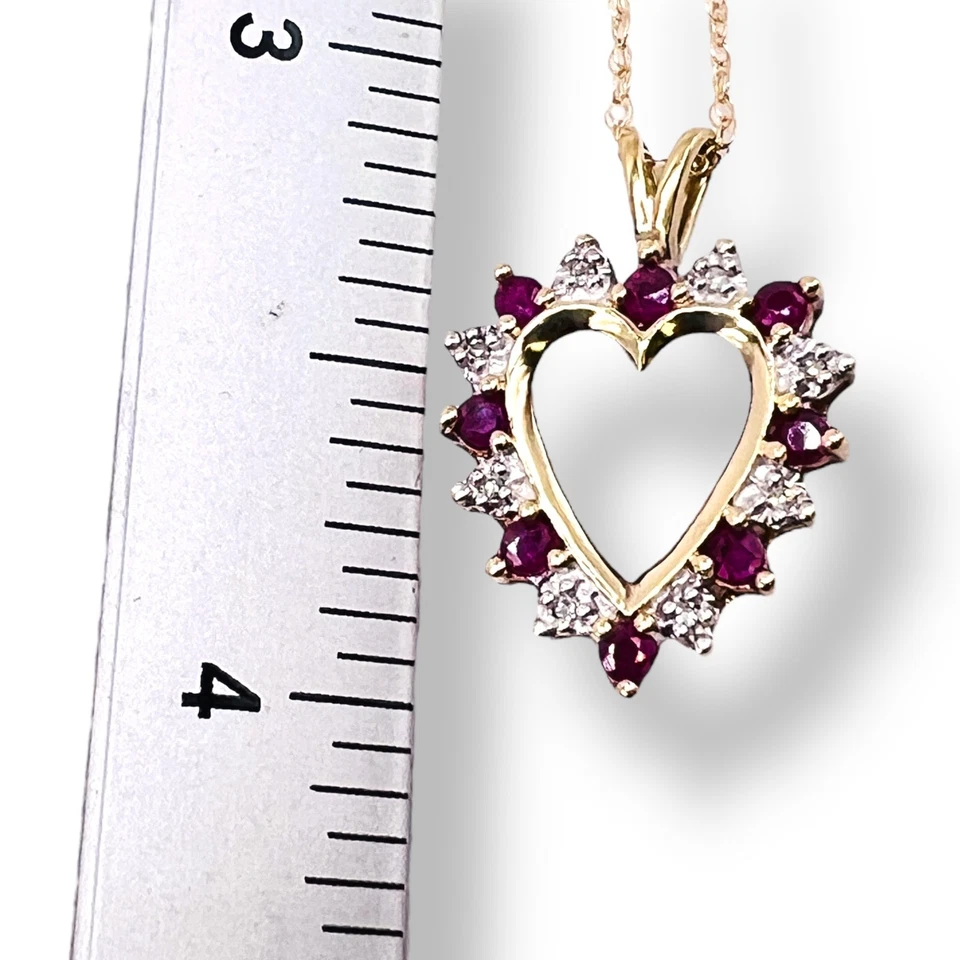 10k Yellow Gold Ruby Diamond Heart Pendant Necklace 2.2g 18" -1398 - Image 3 of 4